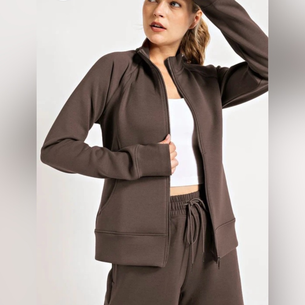 New Rae Mode Ponti Full Closure Zipper Jacket with Front Pockets in Brown Sz 1X